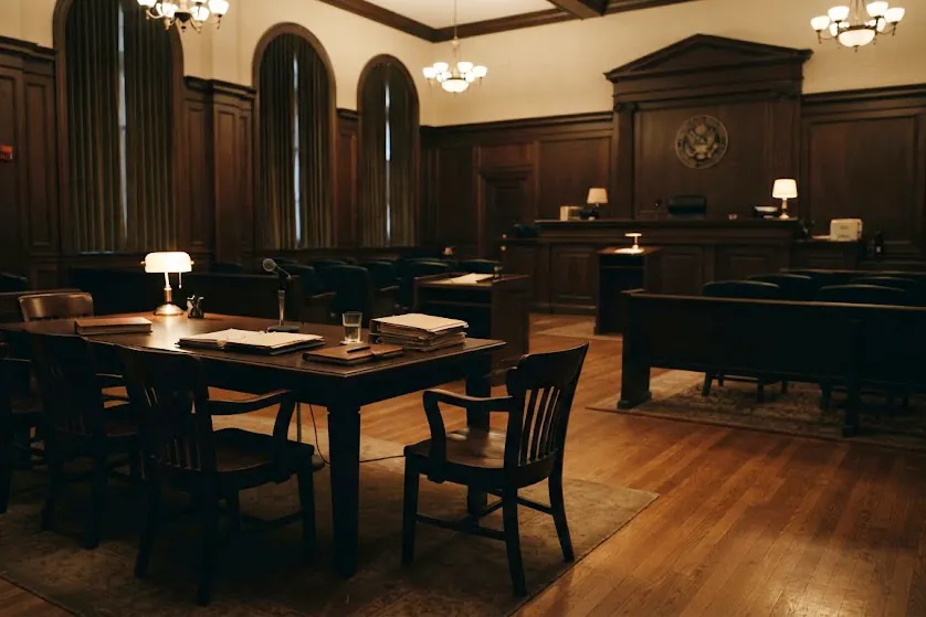 An empty wood-paneled courtroom, the counsel table in front of the judge's bench