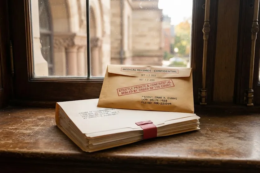 Envelopes of confidential medical records and court papers on a windowsill