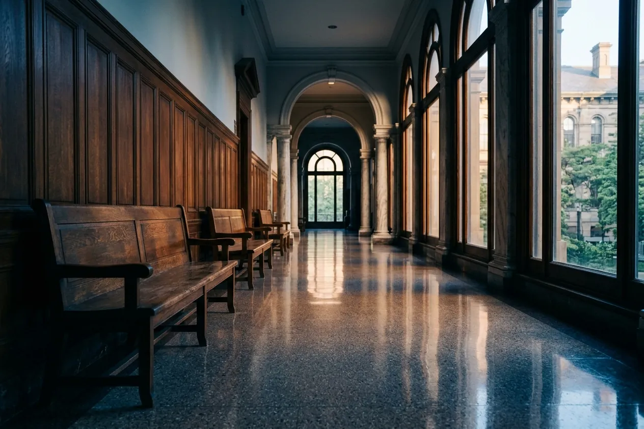 An empty courthouse corridor with wooden benches in early morning light
