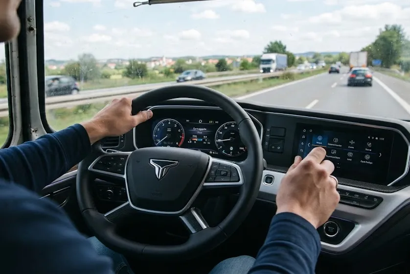 A driver's hands on the wheel of a truck on a highway