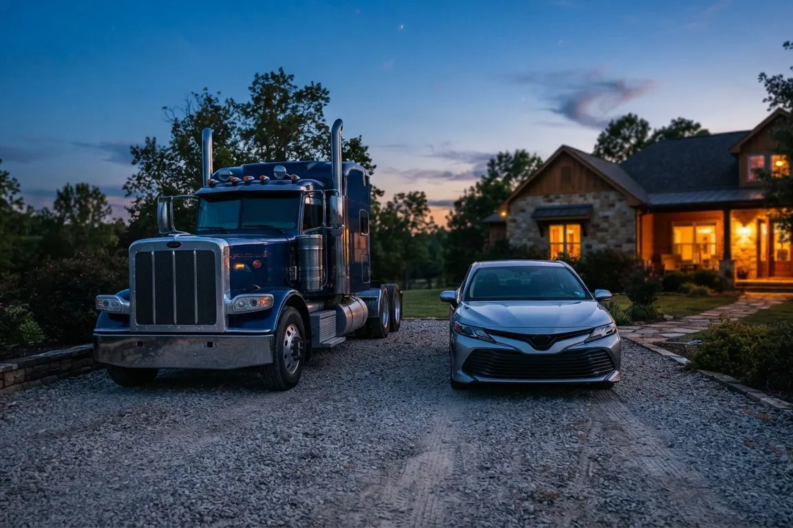A semi-truck cab and a family sedan parked side by side in a driveway at dusk