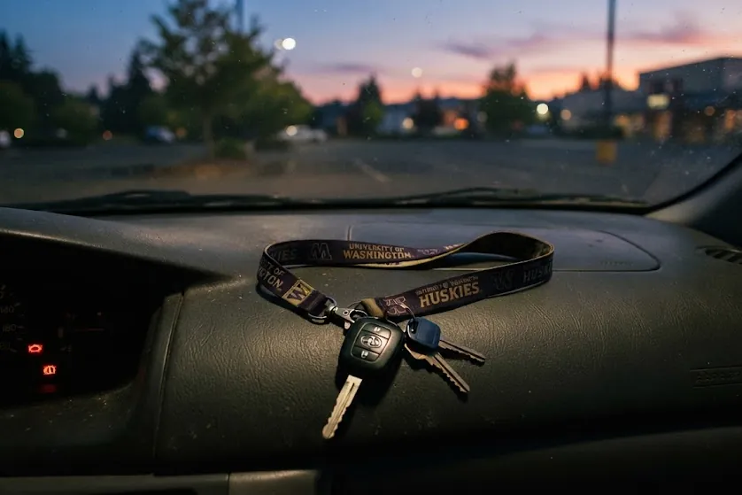 Car keys on a college lanyard lying on a dashboard at dusk