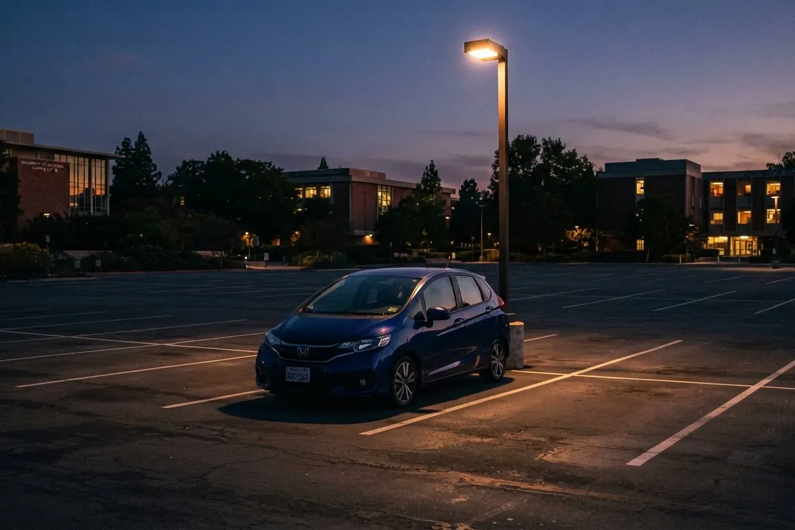 A single compact car parked under a lamp post in an empty campus parking lot at dusk