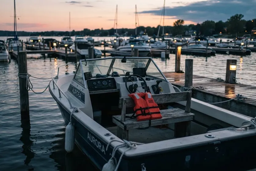 A motorboat tied up at a marina at sunset, a life jacket on its seat