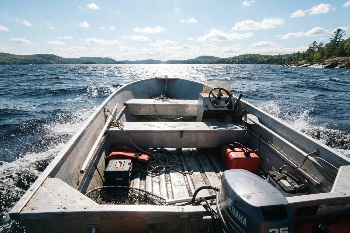 The deck of a small open boat on choppy lake water in hard afternoon sun, shot from the stern