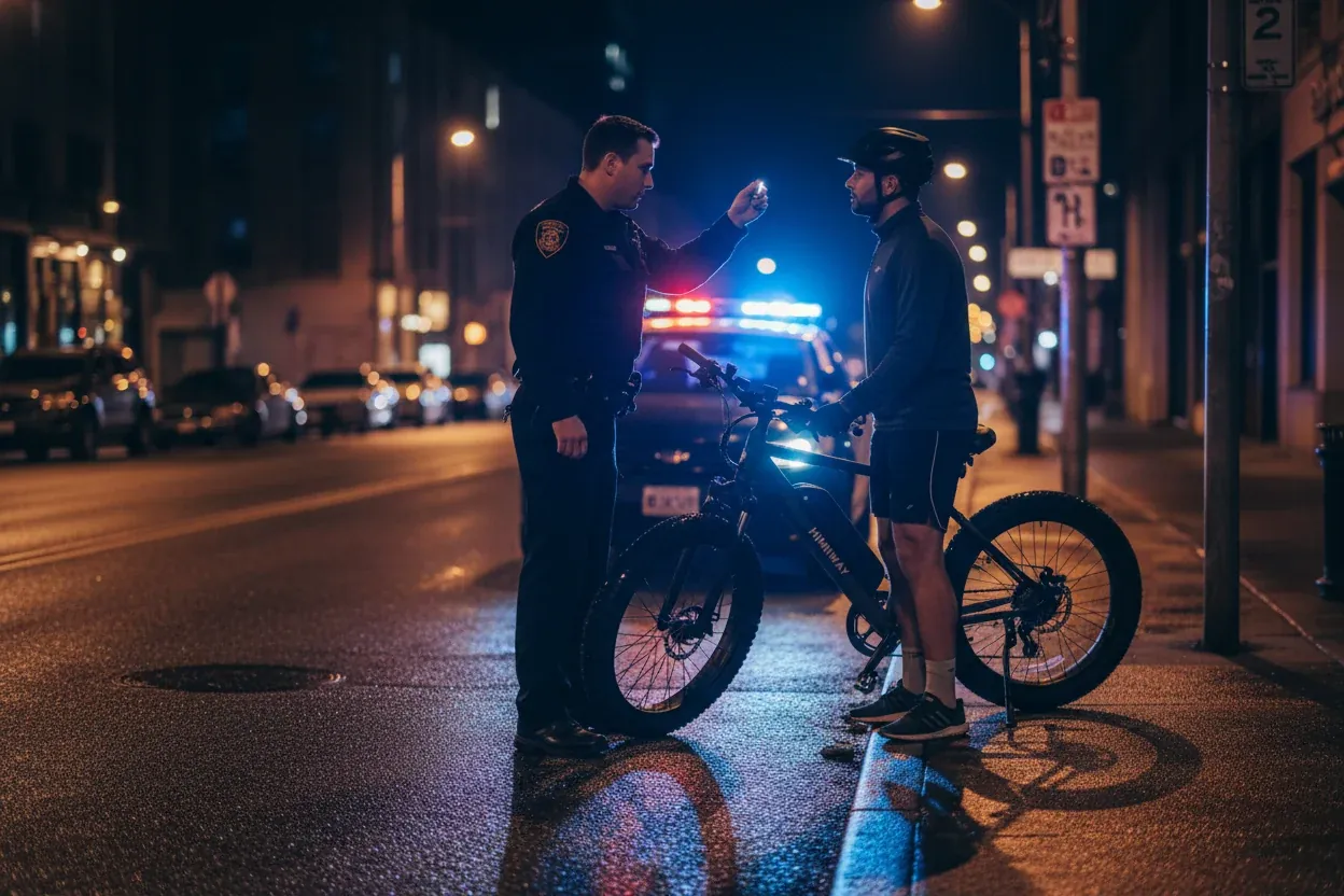 A police officer stopping a cyclist and his bicycle on a city street at night