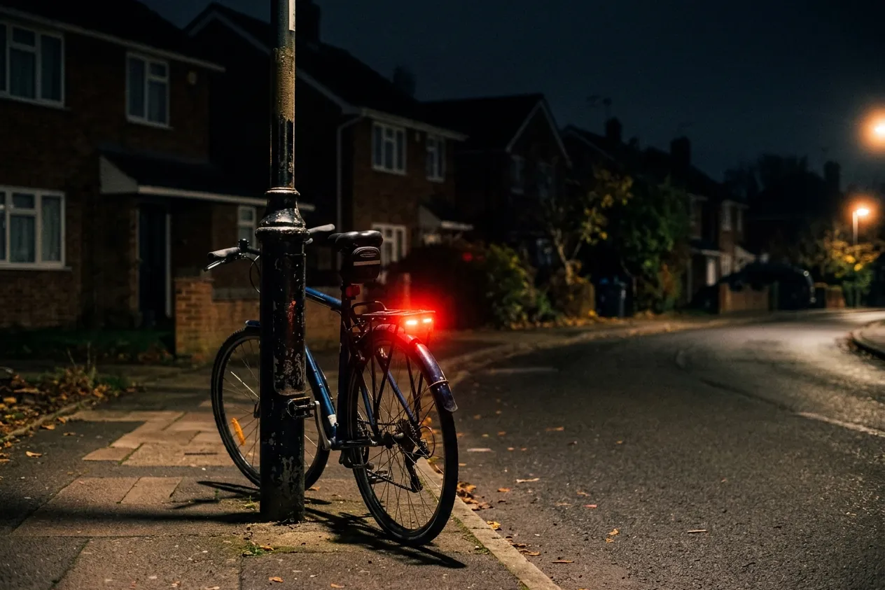 A bicycle with its rear light glowing, leaning against a lamp post on an empty suburban street at night