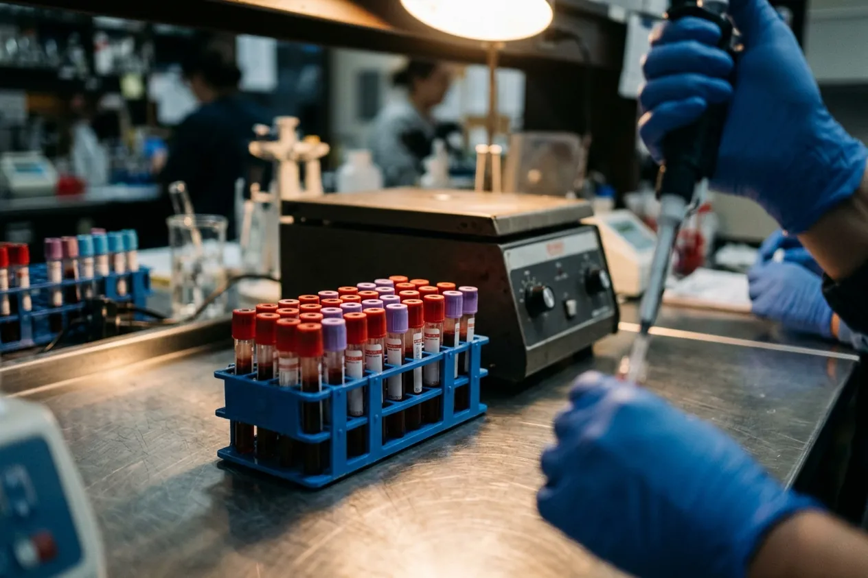 Blood-sample vials in a lab rack beside a centrifuge, gloved hands out of focus