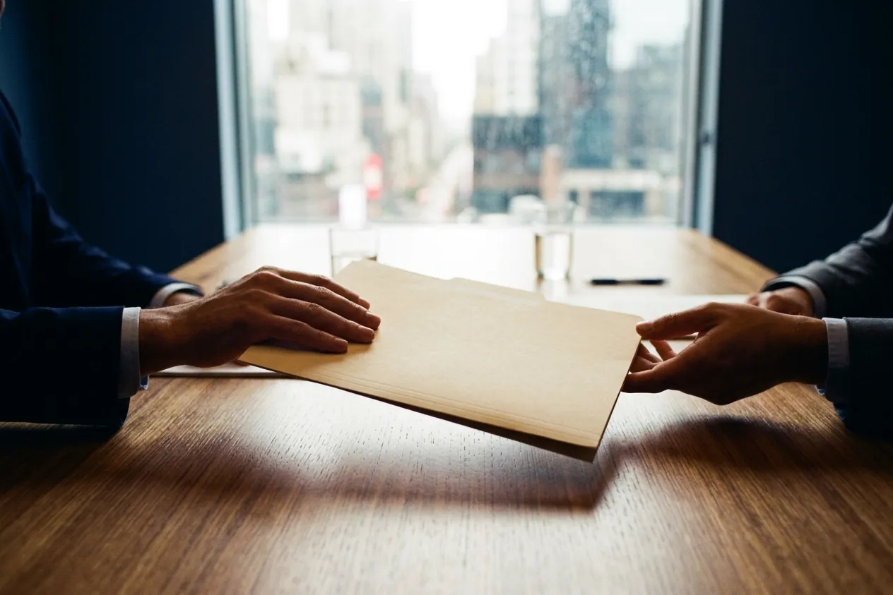 Hands sliding a folder across a desk in a bright interview room